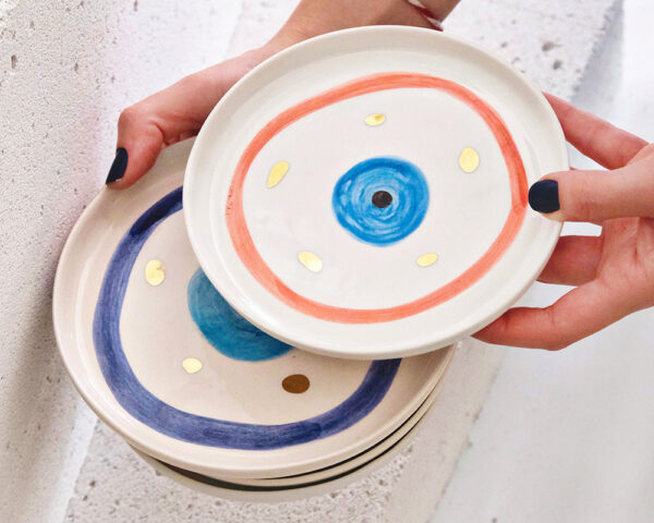 101 Kırmızı Nazar Boncuğu Desenli Altın Dekorlu Stoneware Tabak v2